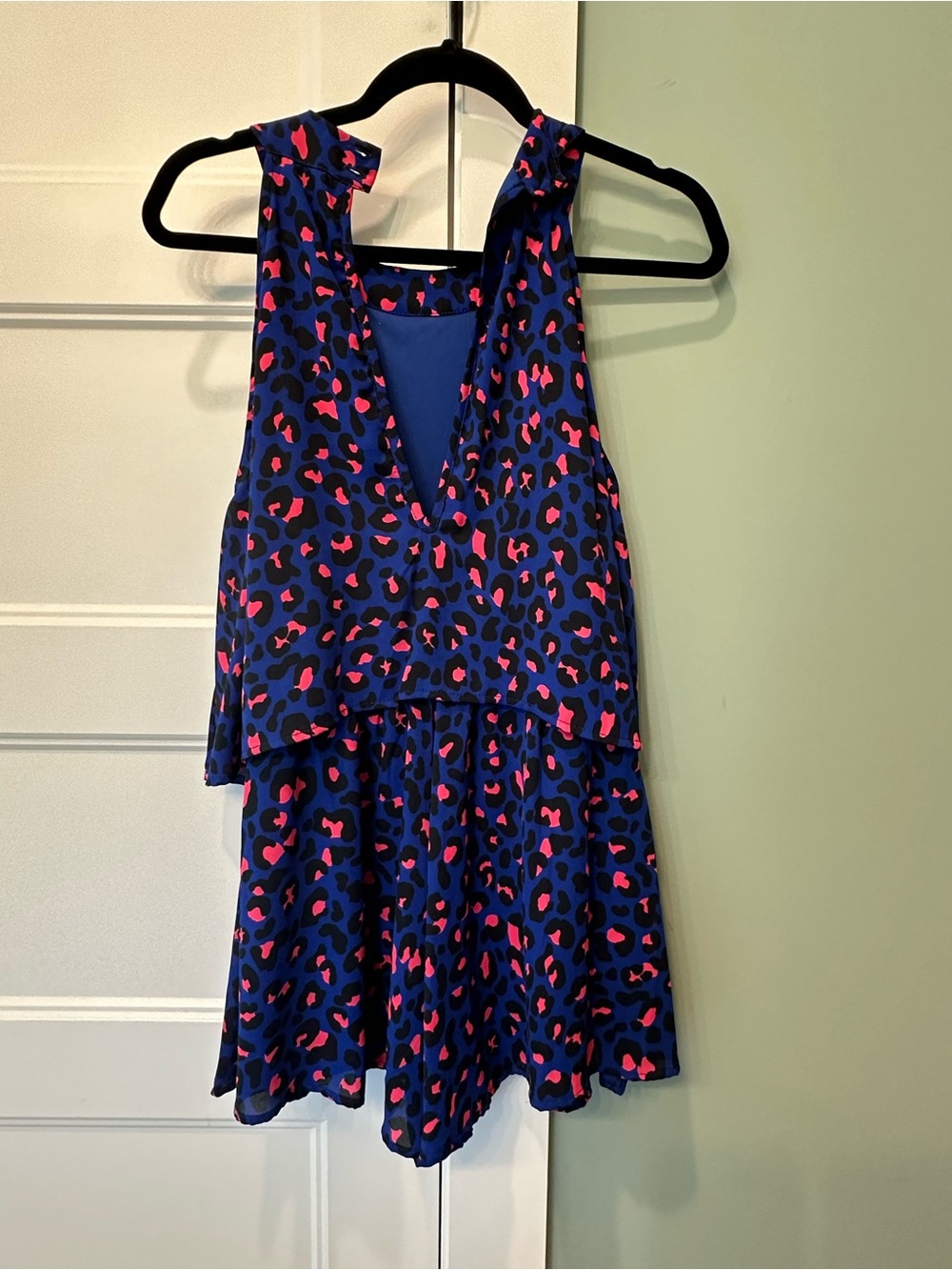 Blue Sleeveless V-Neck Tiered Romper with Pink & Black Leopard Print